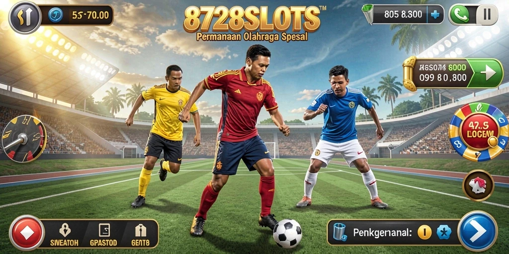 Tampilan gameplay 8728SLOTS yang mendebarkan dengan tema olahraga.