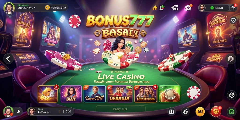 Screenshot utama BONUS777 menampilkan dealer langsung dan permainan kasino yang dinamis.