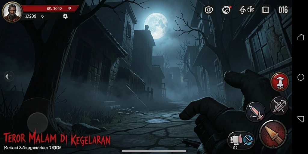 Screenshot gameplay D06 menunjukkan suasana kegelapan yang menakutkan.