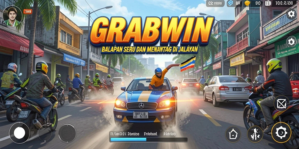 Screenshot gameplay GRABWIN dengan mobil balap di trek menantang.