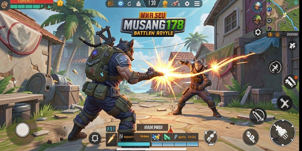 Screenshot utama MUSANG178 menampilkan aksi pertempuran Battle Royale yang mendebarkan.